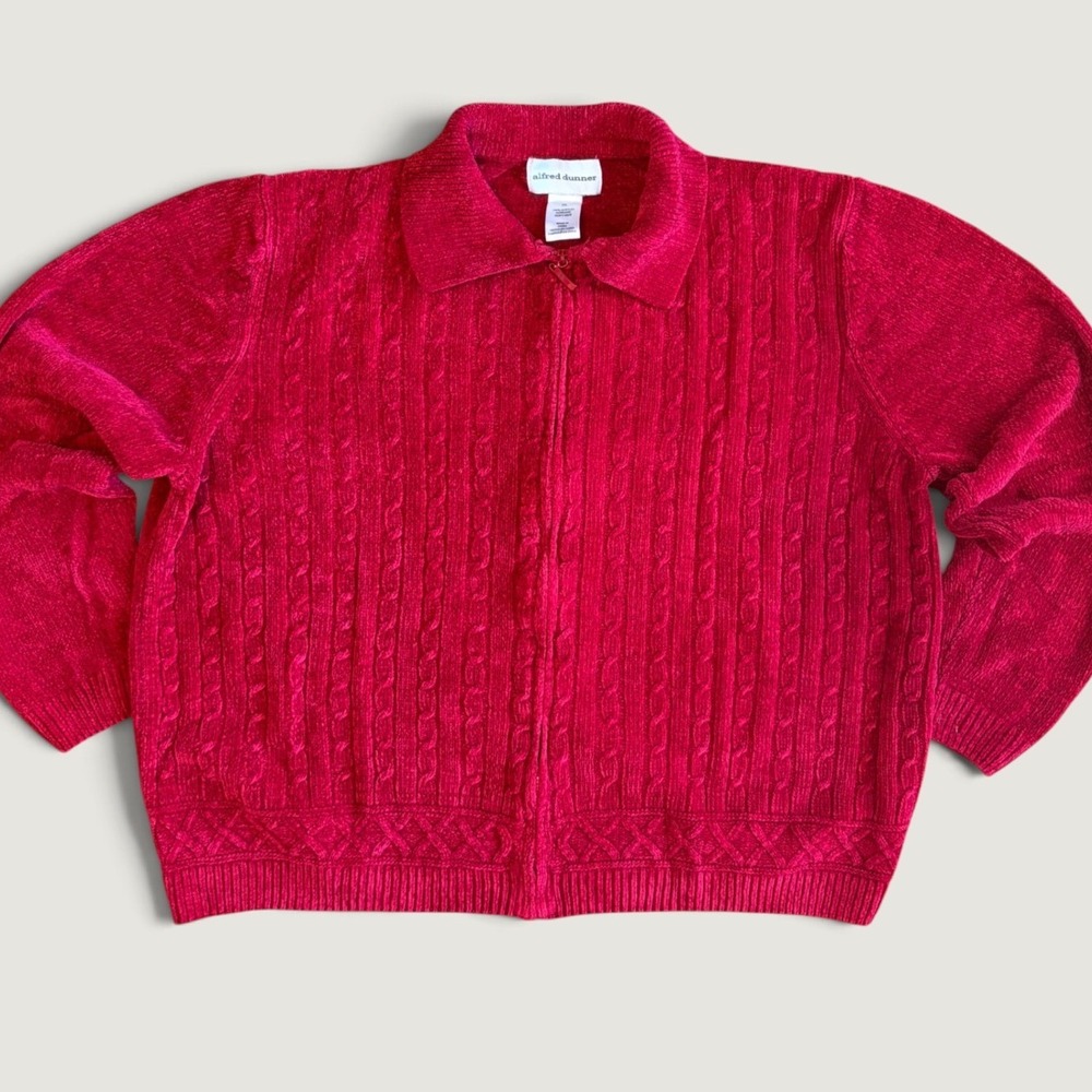 Cottagecore XL Alfred Dunner Red Cable Knit Chenille Zip Front Cardigan Sweater